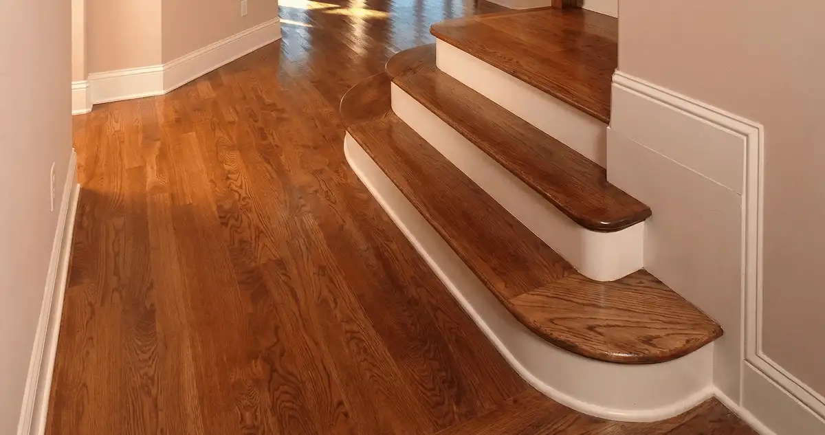 Base floor of a staircase with professionally restored wood flooring in Fort Wayne IN