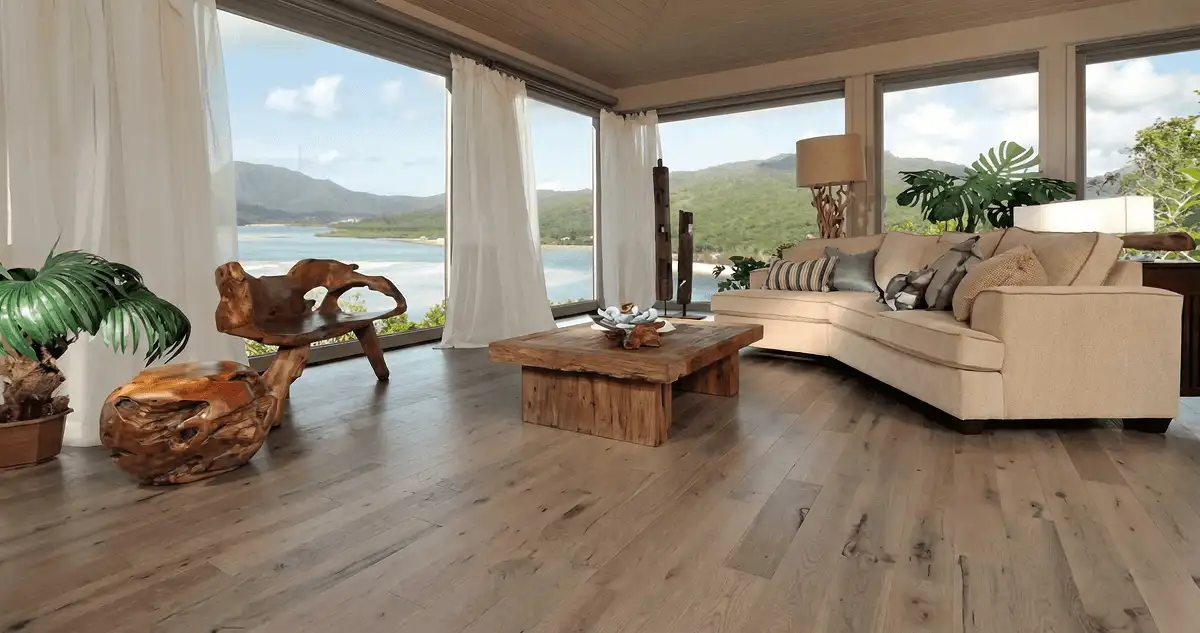 Professionally installed vinyl flooring in a modern living room with large windows in Fort Wayne, IN